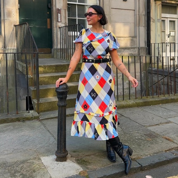 NWT Lisa Says Gah Teagan Ruffle Dress Cirque Argyle Plaid Flower Bow Size Small - Picture 3 of 7